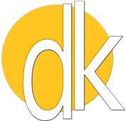 A yellow and white logo of dk